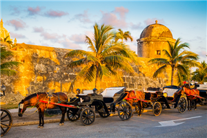 Carriages in front of fortified walls of Cartagena