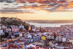 Panoramic sunset of Lisbon from Belvedere of Santa Luzia
