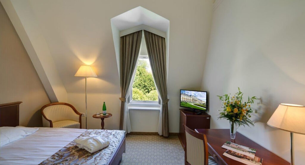 Hotel room at Roga?ka Slatina wellness retreat. Features a bed, desk, angled window with green view, and television.
