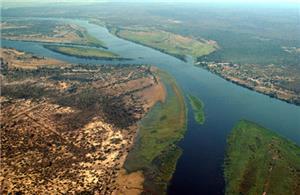 Zambezi River at the junction of Namibia, Zambia, Zimbabwe and Botswana